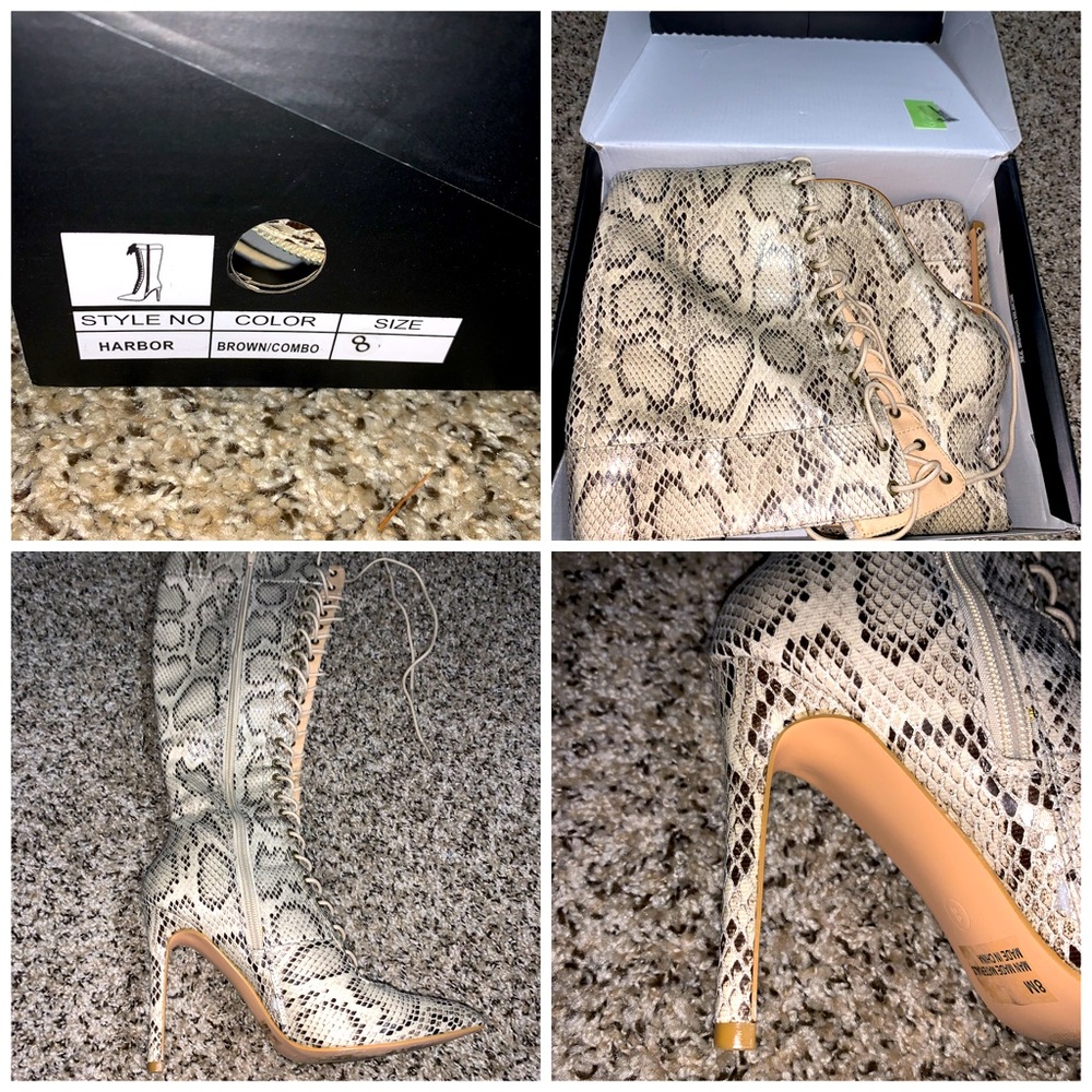 BRAND NEW CREAM BLK FASHION NOVA SNAKE SKIN HEEL BOOTS